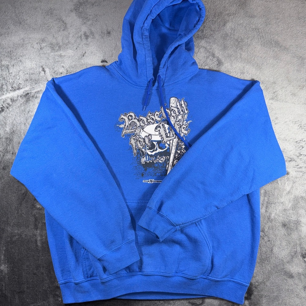 Gildan Heavy Blend Baseball for Life Skull Graphic Hoodie Royal Blue Large